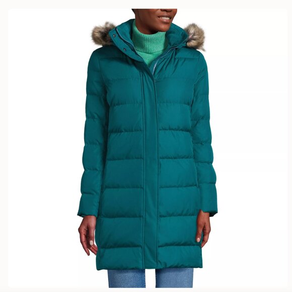 Lands' End Plus Max 600 Down Puffer Coat with Faux Fur Hood in Evening Teal - Picture 3 of 14